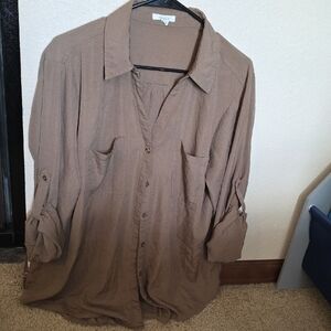 Women's XXL Casual Tan Button-Down Shirt